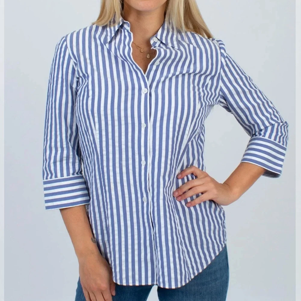 Lafayette 148 Striped Three Quarter Sleeve Button Down Shirt Womens Size 10 - Picture 1 of 10